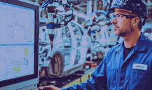 Automotive assembly line with one paused workstation among active stations, symbolizing hidden throughput constraints in modern manufacturing.